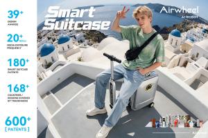 Riding Airwheel AI robot suitcase during exhibition trade show visit
