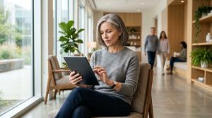 A woman reading provider information on a tablet in a bright clinic waiting area.