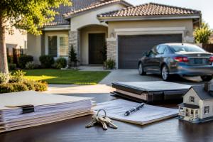 California suburban home with house keys, property documents, and a legal file in the foreground, representing a home sale complicated by disputed occupancy, ownership, or title claims.