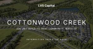 Aerial rendering of Cottonwood Creek, a 206-unit build-to-rent community in Waco, Texas, on an LV5 Capital title card
