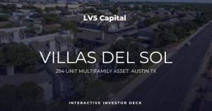 Aerial view of Villas Del Sol, a 294-unit apartment community in Austin, Texas, on an LV5 Capital title card