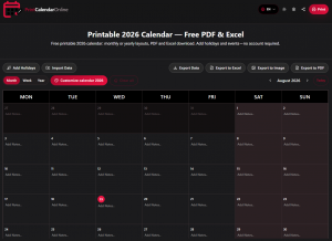 Dark-mode PrintCalendarOnline monthly calendar editor displaying August 2026, with controls to add holidays, import events, customize the calendar, and export it to PDF, Excel, or image formats.