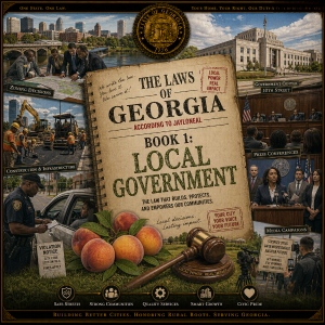 Picture promoting Georgia local government law, with a book, gavel, courthouse, construction crews, police, public hearings, and peaches.