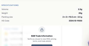 A Hannaru product listing showing maker-supplied specifications including volume, weight, packing size and HS code 3304.10-9000, alongside B2B trade information available to verified buyers.