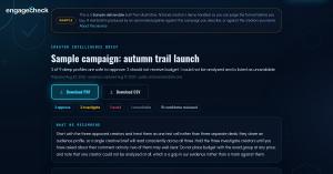 EngageCheck Creator Intelligence sample brief with approve investigate and avoid recommendations