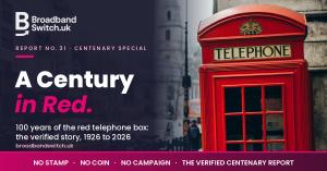 A Century in Red by BroadbandSwitch UK: https://broadbandswitch Cover card for A Century in Red, Report No. 31 by BroadbandSwitch.uk, with a red telephone box and its illuminated TELEPHONE sign on a London street beside the headline 100 years of the red telephone box, the verified story, 1926 to 2026, above a pink ban