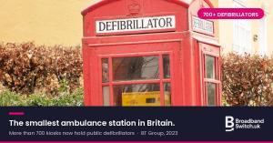 Red telephone kiosk converted to a community defibrillator station, with white DEFIBRILLATOR signs above the door and a yellow emergency equipment cabinet inside, beside a hedge and a yellow wall; a navy caption bar reads the smallest ambulance station in