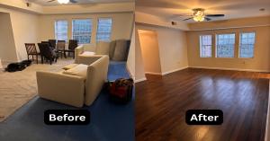 Side-by-side before and after photo of an apartment renovation showing old carpet replaced with new LVP flooring and fresh paint, completed by Eagle Eye Construction in Rosslyn, VA