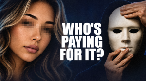 A woman with blurred eyes is next to a masked person