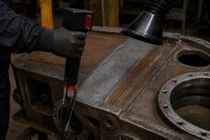 Gloved operator holds a black and red handheld laser-cleaning gun above a partially cleaned rusted metal component beside a local extraction hood.