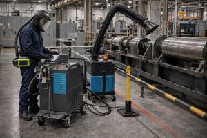 Technician wearing green laser safety glasses, a clear PAPR visor and a waist-mounted blower prepares mobile laser-cleaning and extraction equipment inside an industrial facility.