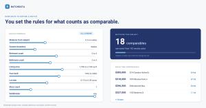Nine matching controls (distance, boundary, bedrooms, bathrooms, living area, year built, lot size, stories and subdivision) define what qualifies as a comparable. Sample data shown.