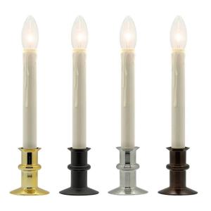 Celestial At Home adjustable battery operated window candles shown in four base finishes side by side, brass, black, brushed nickel and antique bronze, each with an ivory wax-drip tube and a lit LED bulb
