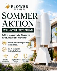 Flower Turbines bietet Sonderangebote für seine 2 Meter großen Windkraftanlagen mit vertikaler Achse an – sowohl für den netzunabhängigen als auch für den netzgekoppelten Betrieb, wahlweise als Einzelanlage oder als „Blumenstrauß“ aus zwei Turbinen SOMMERAKTION