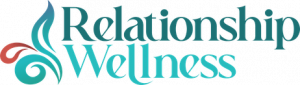 Relationship Wellness logo featuring teal lettering and a colorful abstract flame design.