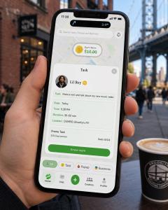Secret World app, a local microtask and opportunity network, is introducing free task posting for small everyday requests that may be too minor to justify the costs associated with traditional gig platforms Phone displaying a Secret World app microtask listing with the Manhattan Bridge visible in DUMBO, Brooklyn.