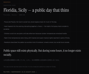 Observed case from Floridia, Sicily showing how extreme heat reduces usable social time, with public spaces remaining physically present while social activity recedes during hotter hours.