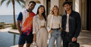 Acossi Jeans editorial fashion image featuring models wearing contemporary apparel and accessories.