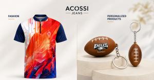 Acossi Jeans fashion shirt alongside personalized football stress reliever keychains representing the brand’s fashion and custom product offerings.