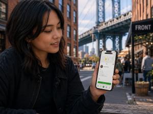 As recession concerns continue to affect how people think about work and income, Secret World app is putting more focus on small local jobs that may only take a few minutes or a few hours to complete Woman holding a phone displaying a Secret World app paid task in DUMBO, Brooklyn, with the Manhattan Bridge behind her.