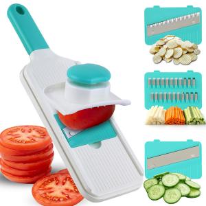 Handheld mandoline slicer showing sliced vegetables making this a great hero shot for amazon seller central