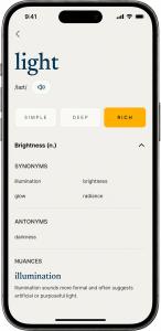 LexOn Rich view showing the word “light” with pronunciation, synonyms, antonyms, and explanations of nuanced differences in meaning.