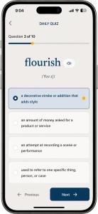 LexOn Daily Quiz screen showing a vocabulary question for “flourish,” with pronunciation, multiple-choice definitions, and a selected answer.