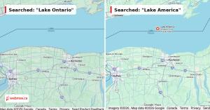 Google Maps split screen showing Lake Ontario and Lake America labels on the same lake
