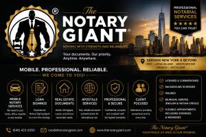 The Notary Giant® professional notarial services graphic featuring the company logo, New York City skyline, and mobile notary, loan signing, real estate document, and apostille services.