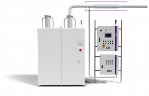 DAS Environmental Expert GmbH today announced the launch of ALCEA, a new secondary abatement solution for nitrogen oxide (NOx) emissions in semiconductor manufacturing White industrial cabinet beside two boxes with control panels for a manufacturing setting