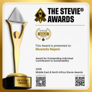 Gold Stevie® Winner graphic recognizing Mustafa Nejem for Outstanding Individual Contribution to Sustainability at the 2026 MENA Stevie® Awards.