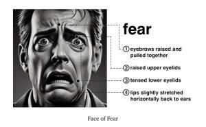 Black-and-white illustration of a fearful facial expression with labeled features including raised eyebrows, raised upper eyelids, tense lower eyelids, and stretched lips.