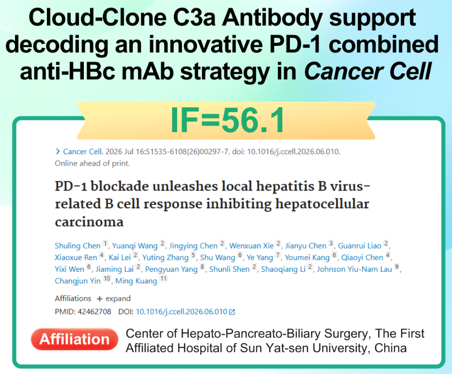 Top-Tier Journal Recognition (IF=56.1): Cloud-Clone C3a Antibody Aids New Anti-Tumor Immune Axis Discovery inCancer Cell