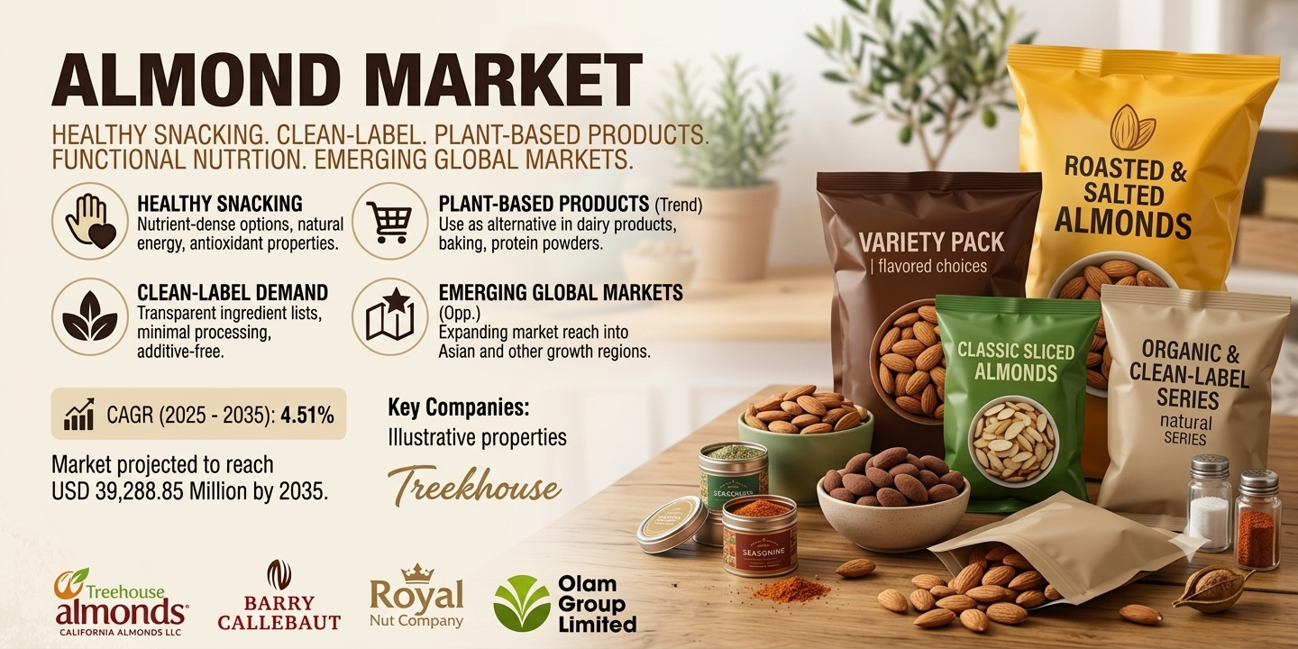 Almond Market Set to Reach USD 39,288.85 Million by 2035 as Plant-Based Nutrition and Online Retail Accelerate Demand