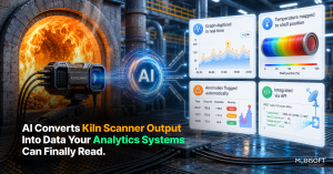 Kiln scanner device pointed at a glowing furnace opening, connected through an AI processing icon to four data panels showing digitized graphs, shell temperature mapping, flagged anomalies, and API integration code.