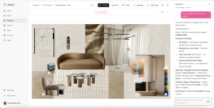 Atelier workspace showing an interior design pinboard and connected project information.