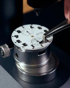 The dial of the Waltham Field & Marine Dual Time during assembly, highlighting the craftsmanship behind the Swiss-made timepiece.
