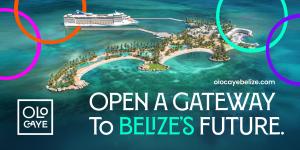 Olo Caye project leaders announced today that initial construction has begun at its staging site located at Mile 5 on the George Price Highway in Belize City A rendering of a cruise ship approaching a resort island in the Caribbean Sea.