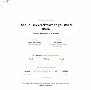 WhyAML Checkout account setup screen showing two-step signup and what each payment credit includes