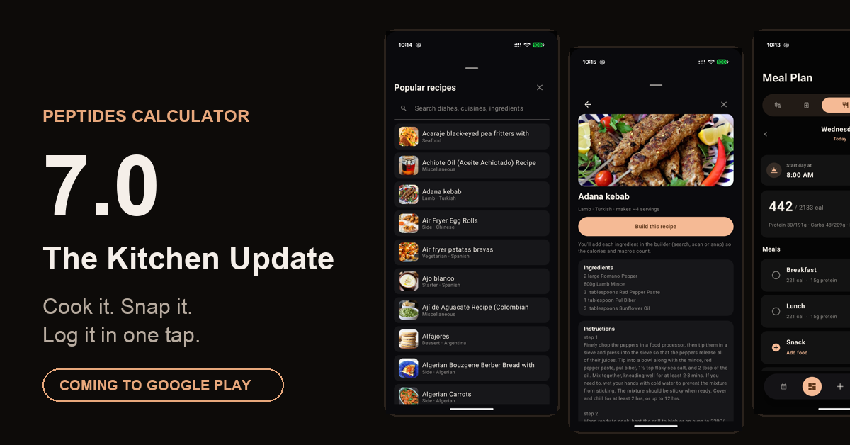 Peptides Calculator 7.0 Adds Recipe Builder, 790-Recipe Cookbook on Android