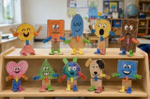 various cardboard cutouts with different emotional expressions