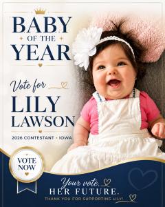 Lily Lawson smiling for a photo during her 2026 Baby of the Year campaign in Iowa.