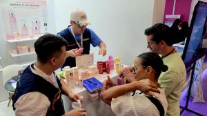 Naru Box sample display at Hannaru's BeautyEurasia stand with Laboreve and LEPS products as buyers test Korean skincare