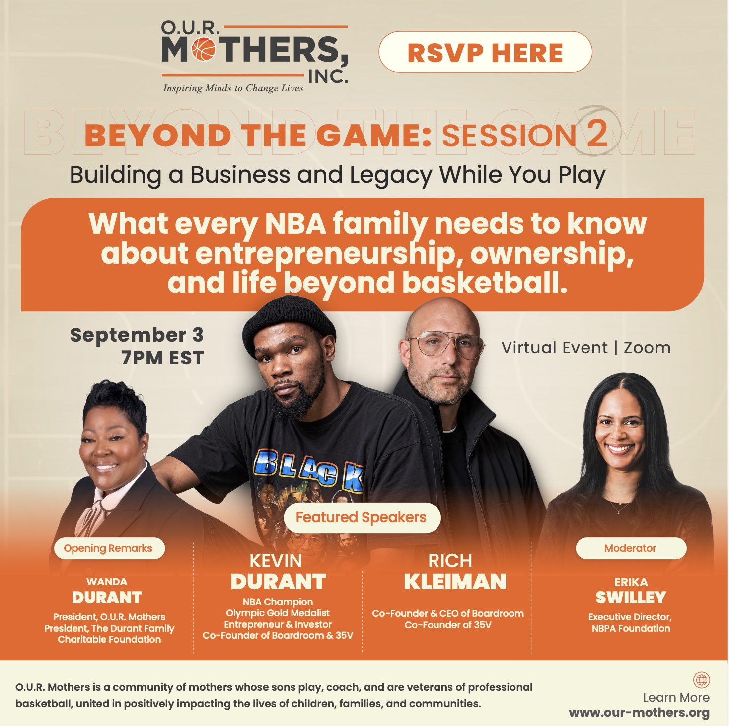 KEVIN DURANT AND RICH KLEIMAN JOIN WANDA DURANT AND O.U.R. MOTHER’S ON SEPT. 3 FOR “BEYOND THE GAME” CONVERSATION