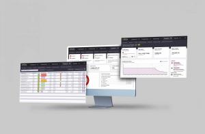 FISCAL exists to help finance teams protect their organisational spend A monitor and two screens either side of it, all showing screenshots from FISCAL's Credit Monitoring module in their P2P risk management software.