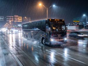 A dark grey Phoenix Bus Orlando charter bus driving safely on a highway at night during heavy rain, illustrating emergency transportation and hurricane evacuation services