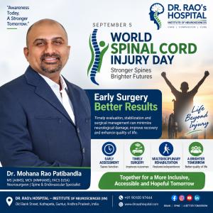 World Spinal Cord Injury Day 2026 awareness poster featuring Dr. Mohana Rao Patibandla, Founder and Senior Consultant Neurosurgeon at Dr. Rao's Hospital – International Institute of Neurosciences (IIN), Guntur, Andhra Pradesh. The poster highlights the me