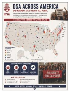 Examines Democratic Socialists of America leadership, elections, political campaigns, beliefs, supporters, critics, internal debates, and controversies.