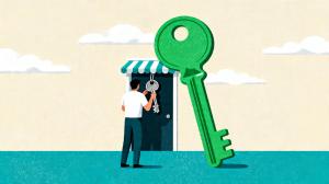 Illustration of a person holding a silver key at a shop entrance beside an oversized green key.