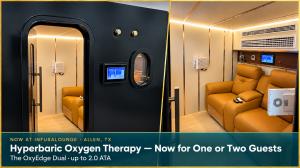Exterior and interior of the OxyEdge Dual hyperbaric oxygen chamber at InfusaLounge Integrative & Functional Medicine in Allen, TX, showing the hard-shell door with control touchscreen and porthole alongside the two tan leather recliners inside.